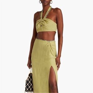 Sandro Green Linen Two Piece Set Skirt Cropped Top Size 2 US 6 Jeweled
